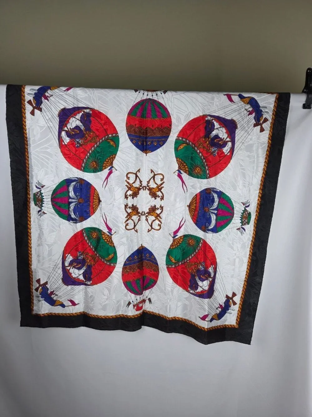 Vintage Hot Air Balloon & Cherub Silk Scarf Black Border White Gold 34